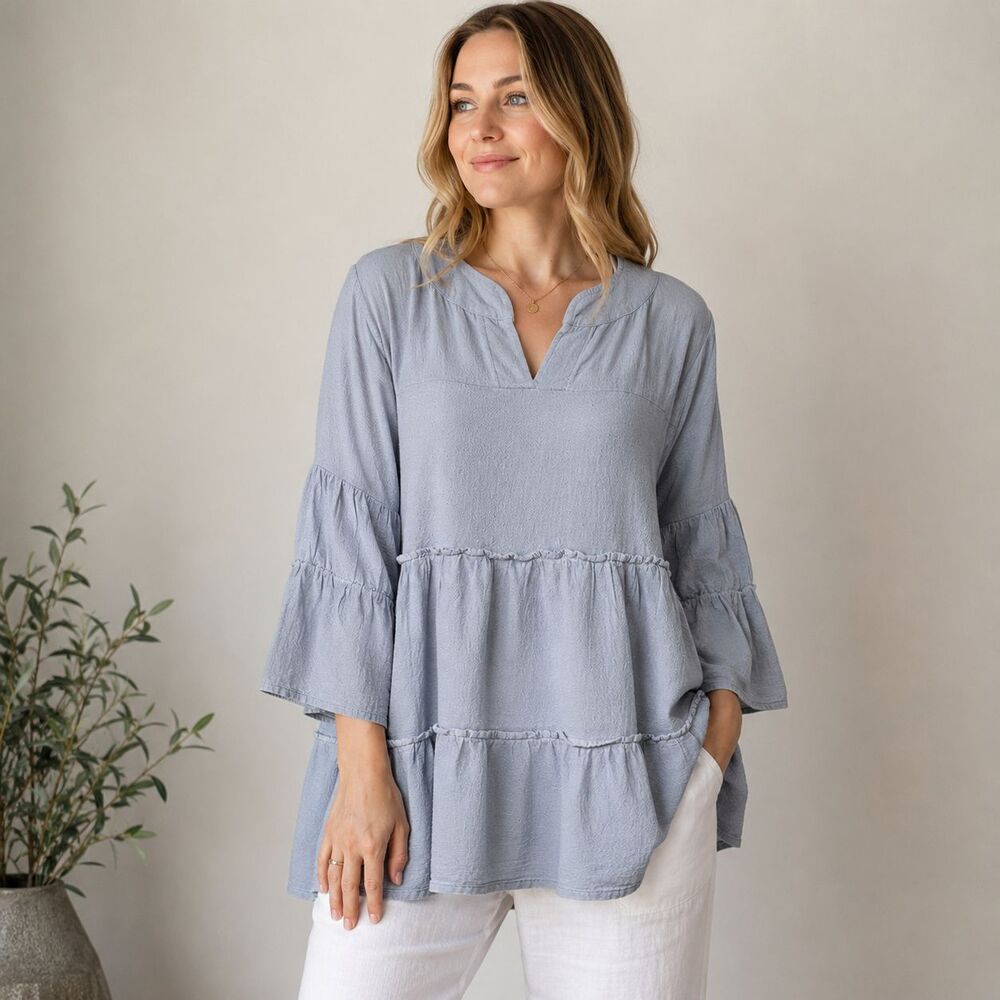Oh My Gauze! Tiered Tunic Top Gray Cotton Gauze Bell Sleeve Boho S/M